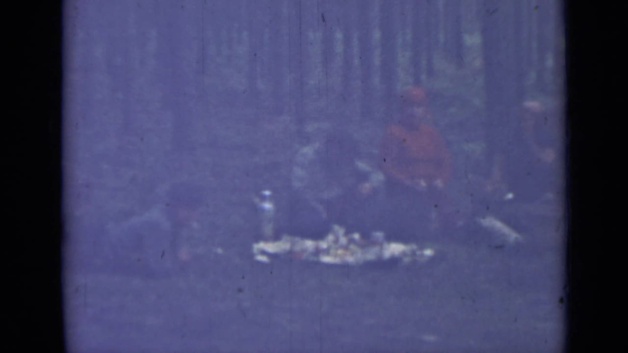Small group seated on the ground among trees with food or picnic items nearby.