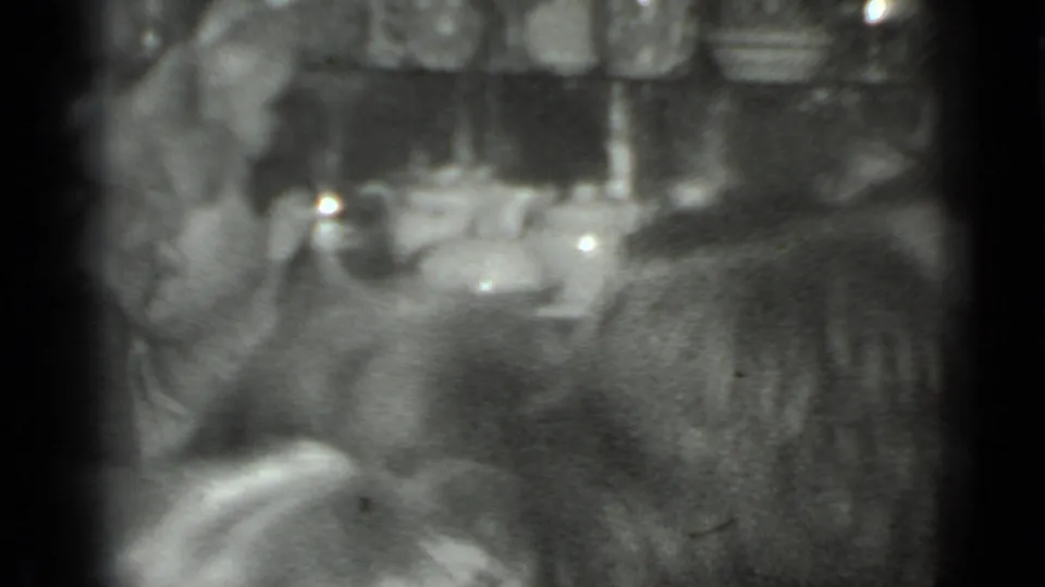 Soft-focus 8mm frame showing blurred adults around a dining table in a private Moscow interior, with tableware and dim light visible.