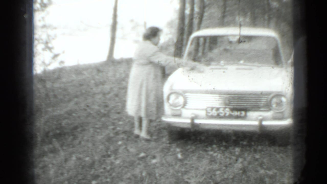 Woman in a long coat stands beside the front of a parked light-colored car near trees.