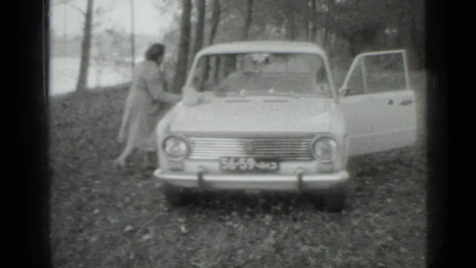 In the closing frame, the woman opens the front door of the parked sedan, with trees and a body of water behind her.