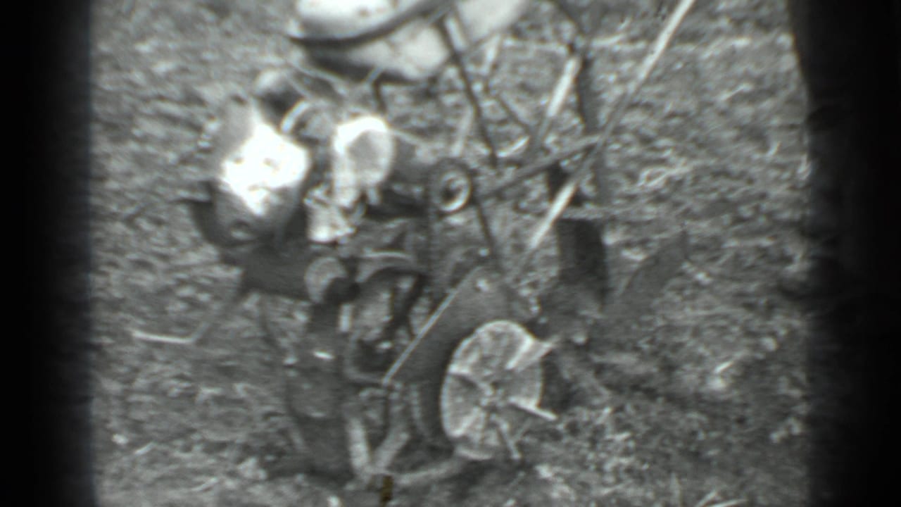 1975 Moscow-area home-movie frame of a man near a small wheeled grass cutter among grass and brush.