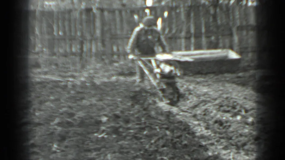 In the final frame, the man guides the small tiller along a soil path beside a long raised board in the fenced yard.