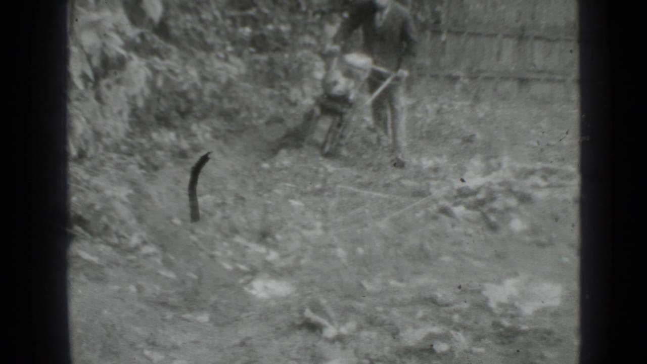 1975 Moscow-area 8mm frame showing a man guiding a small hand tractor through uneven soil near vegetation and a fence.