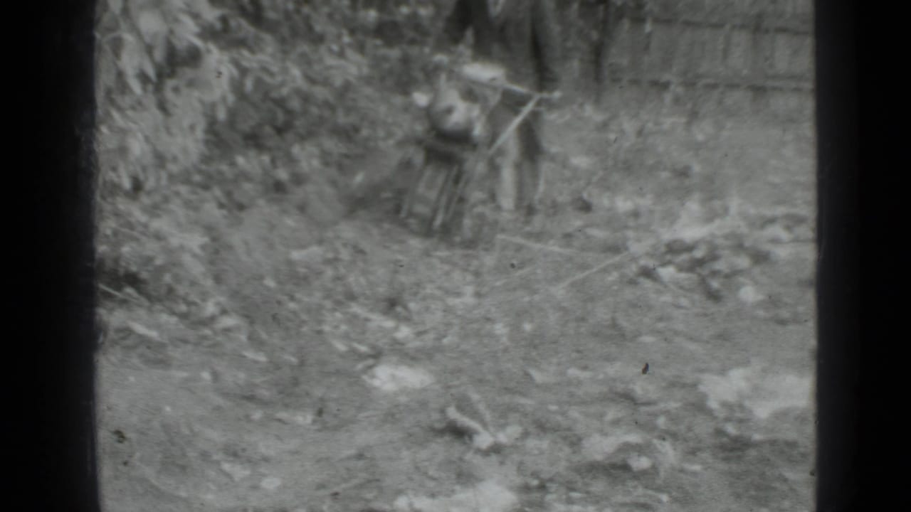 Man stands behind a small cultivator near a fence and plants.