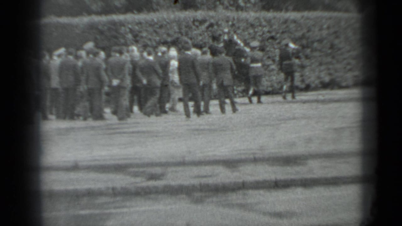 Crowd of adults in formal clothing gathered near a hedge on a paved outdoor area.