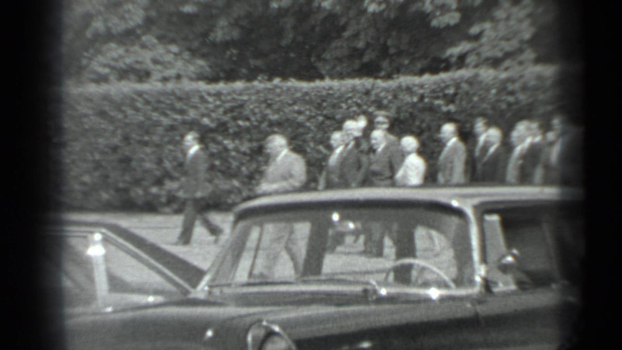 Adults in formal clothing walk behind parked cars near a hedge.