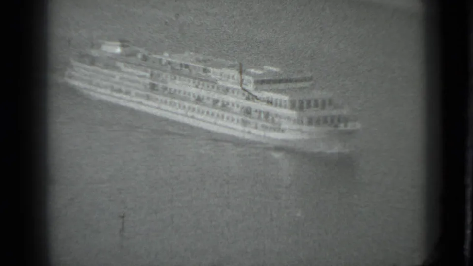 A closer 8mm view shows the multi-deck passenger ship crossing water, with Moscow and 1983 supported by clip metadata.