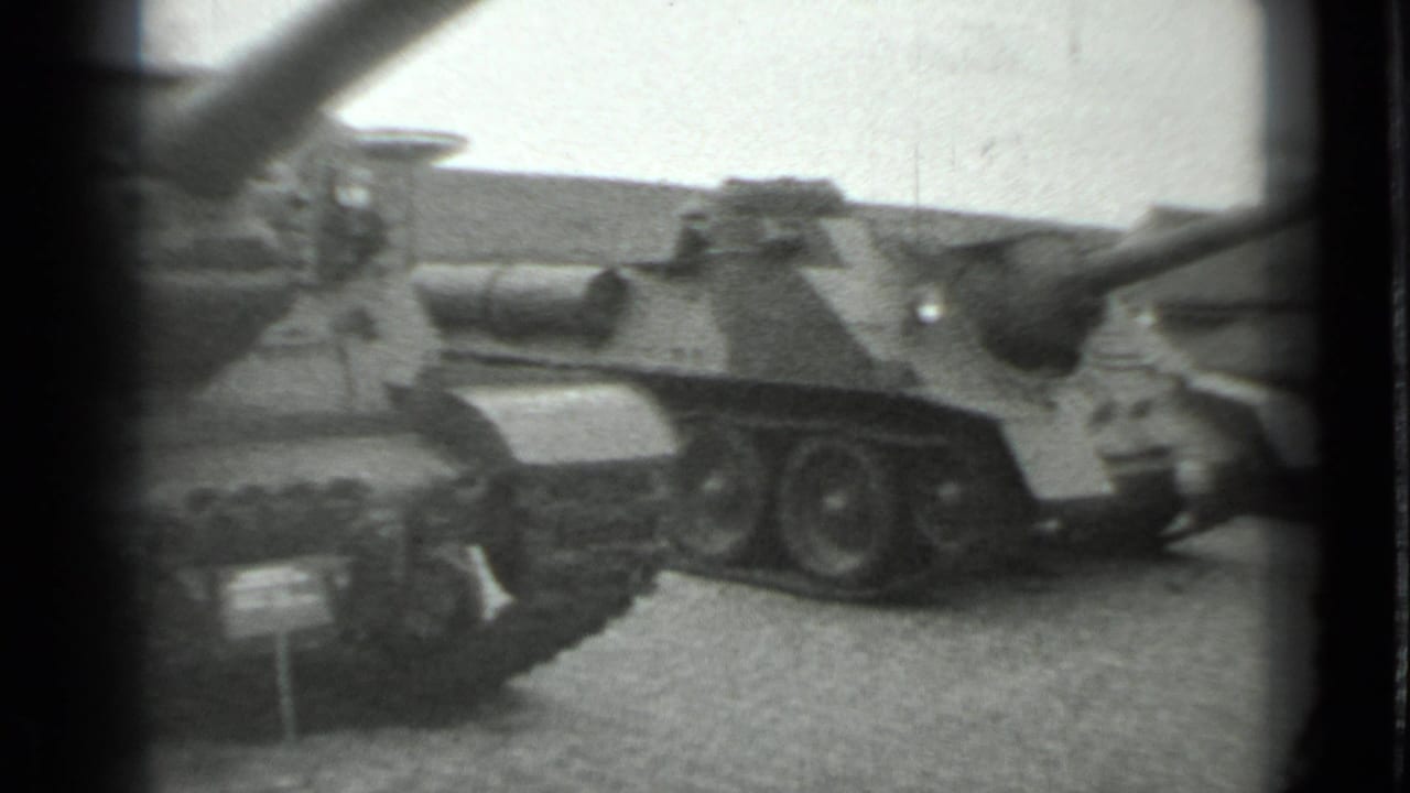 Two armored vehicles on outdoor display, with a tank gun crossing the upper frame.