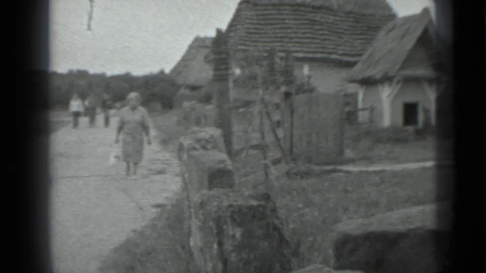 A woman walks toward the camera on a village road, with cottages, a low wall, and distant pedestrians visible in the 1983 Moscow metadata context.