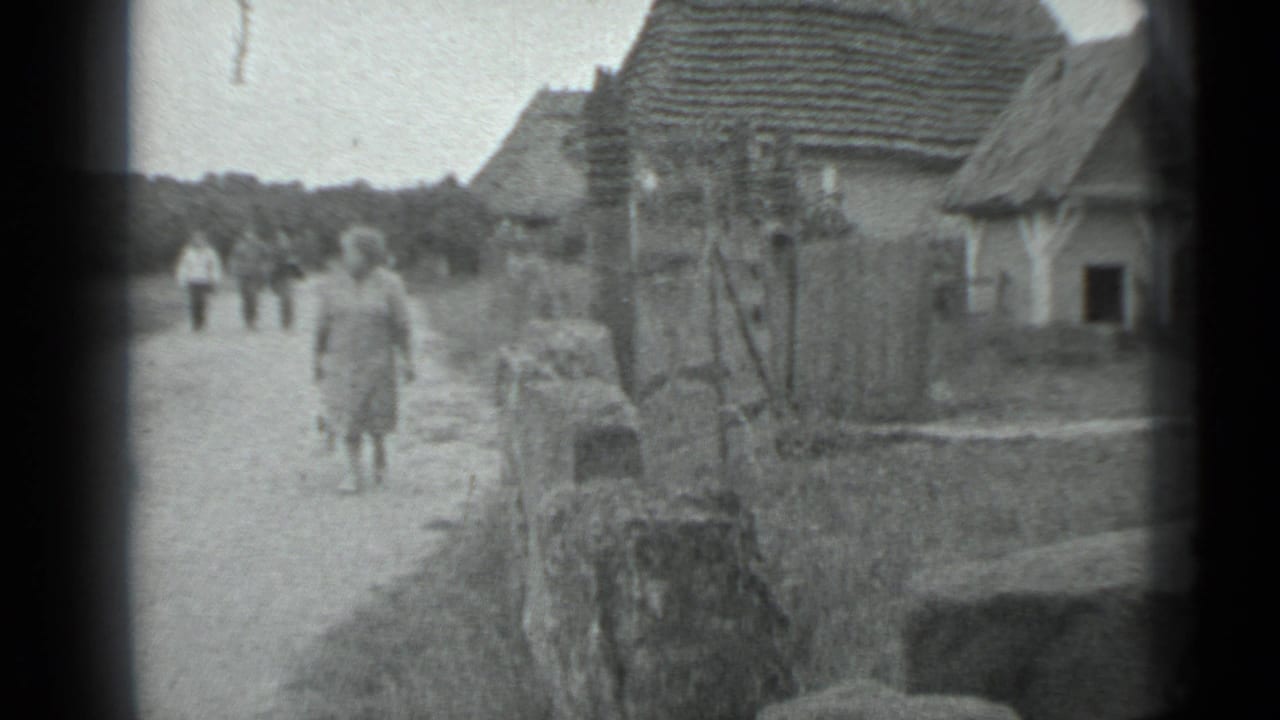 In 1983 Moscow-area rural footage, a woman in a light dress walks toward the camera along a dirt road near village houses.