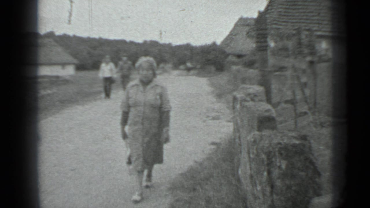 Woman in a dress walks along a dirt road past low stone walls and rustic buildings.