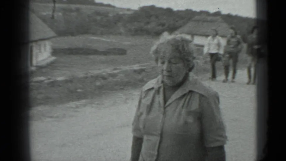 At the end of the clip, the woman is close to the camera and turned slightly aside, with rustic village buildings, open grass, and background pedestrians behind her.