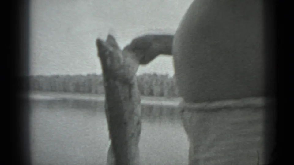 The man holds the fish near his hip as the background shows calm water and a distant tree line.