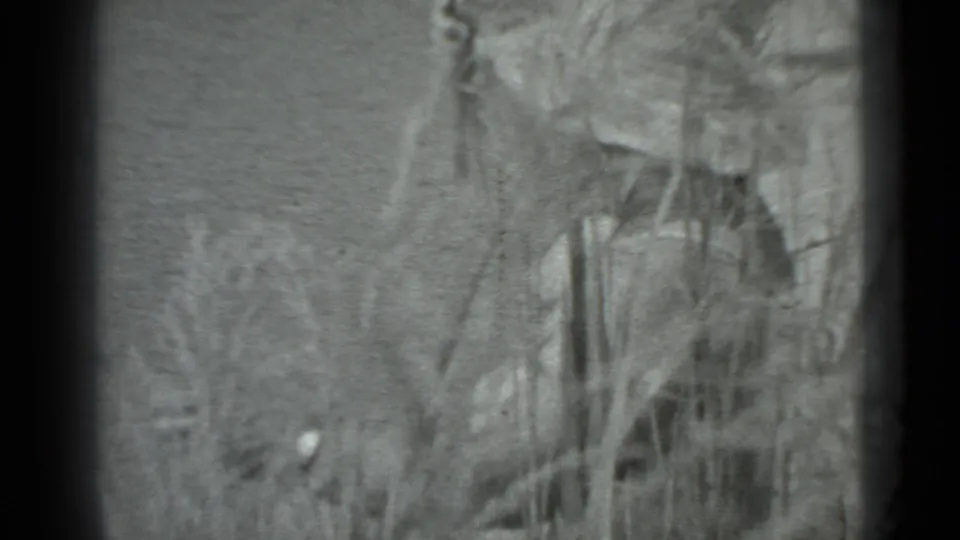 The woman continues through tall grass, partly hidden by vegetation in soft black-and-white 8mm footage.