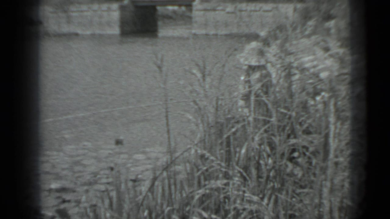 Black-and-white 8mm view of Moscow pond water, reed growth, and a bridge support framed by visible film borders.