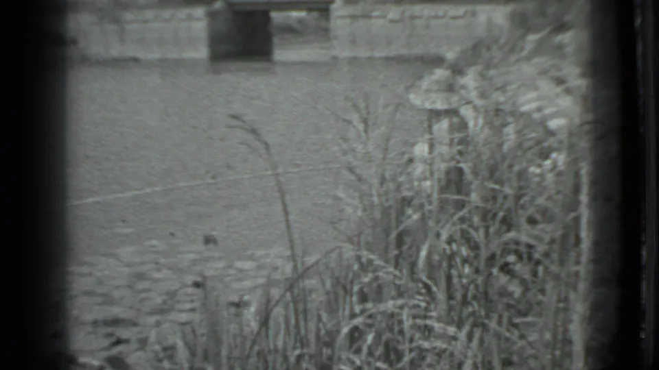 Black-and-white 8mm frame of a Moscow pond edge, with reeds, rippled water, and a stone bridge support in the background.