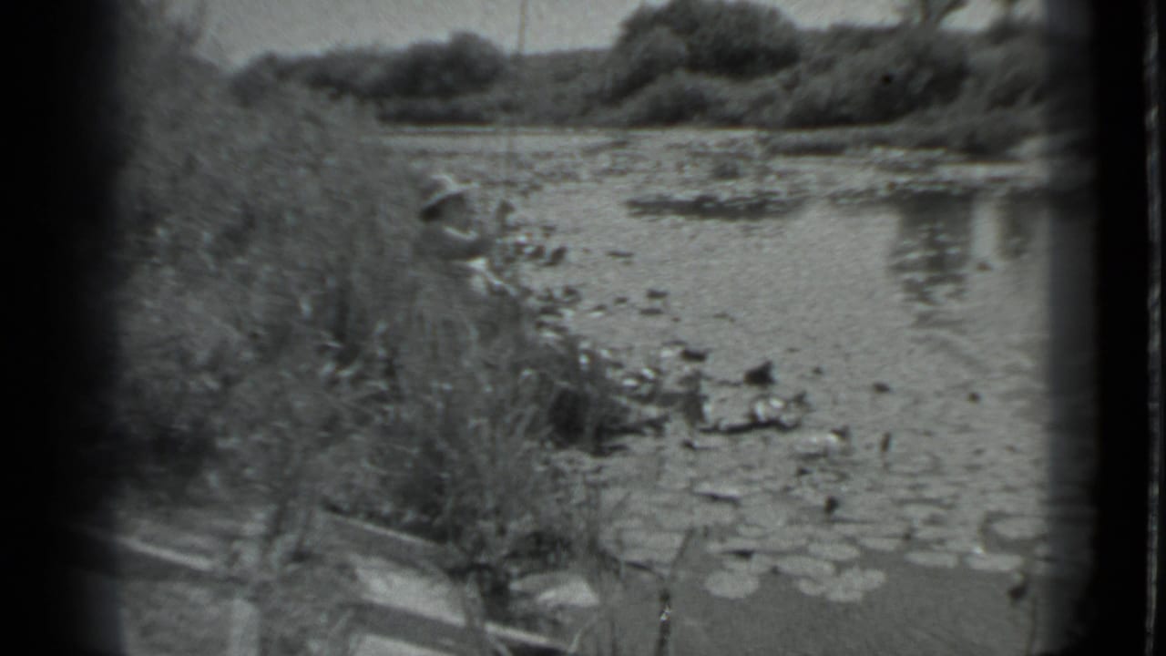 In metadata-identified Moscow, 1983, a woman in a light hat fishes from an overgrown shoreline beside a small lake.