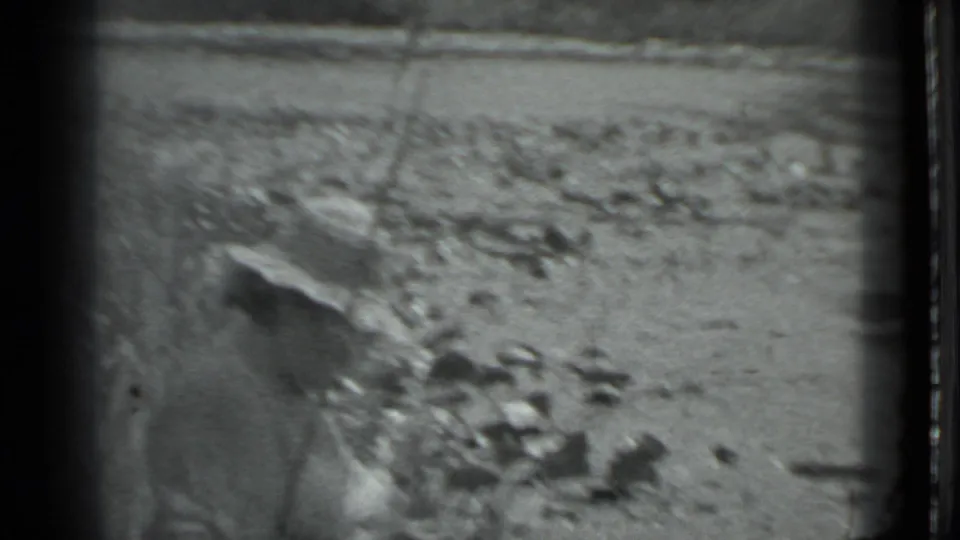 A soft, grainy 8mm frame shows the woman seated low near tall grass and scattered stones along the riverbank in Moscow.