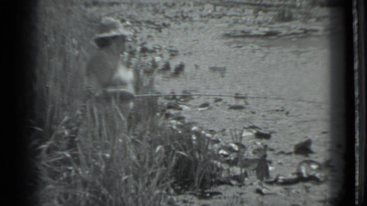 1983 Moscow home-movie frame showing a person in light clothing fishing at a grassy water edge with rocks nearby.