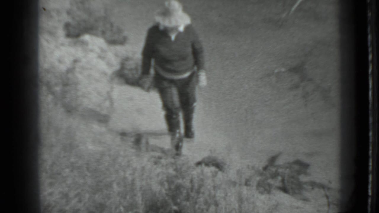 A woman in dark clothing and a pale brimmed hat walks past rocks on a sandy shoreline in the Moscow 1983 clip.