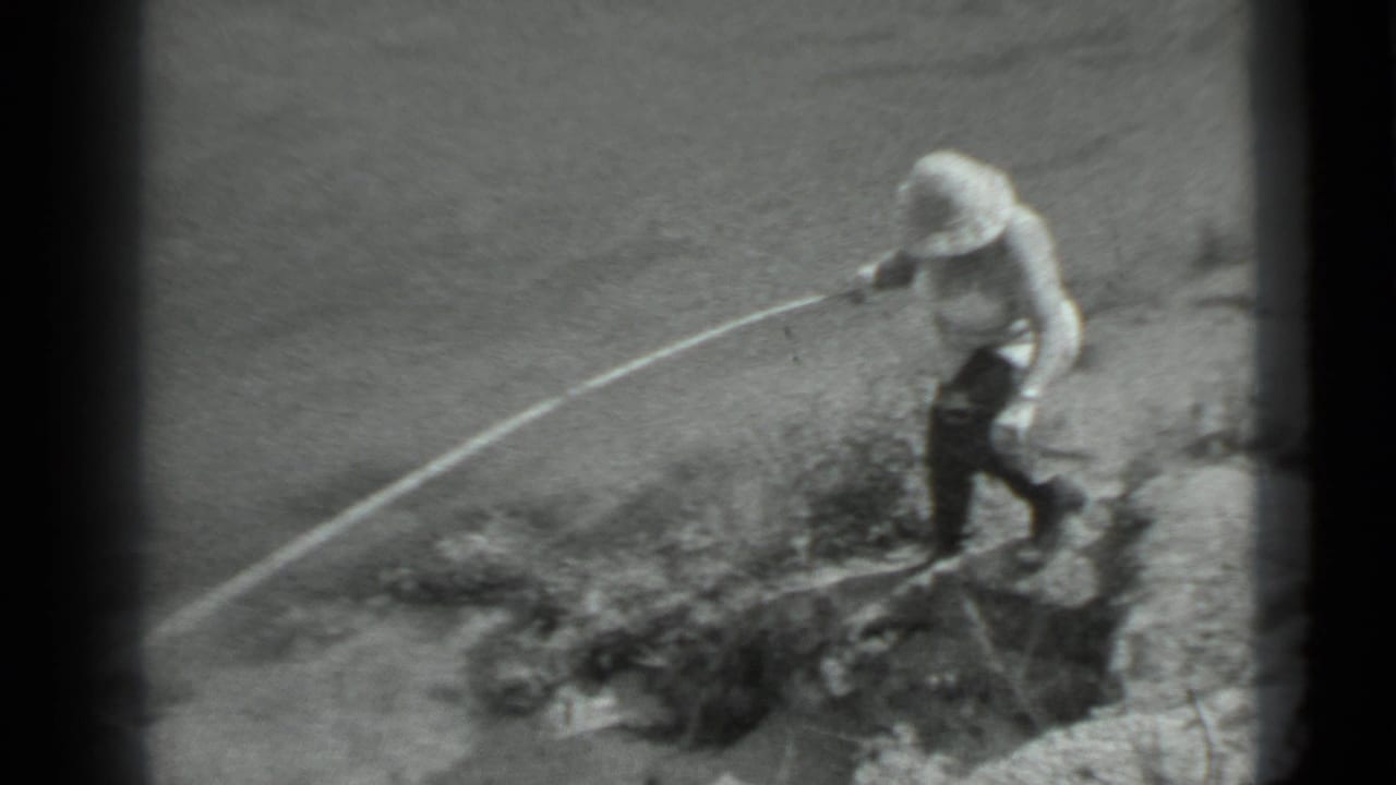 The woman moves along the sloped shore, holding the fishing pole outward as she approaches the waterline.