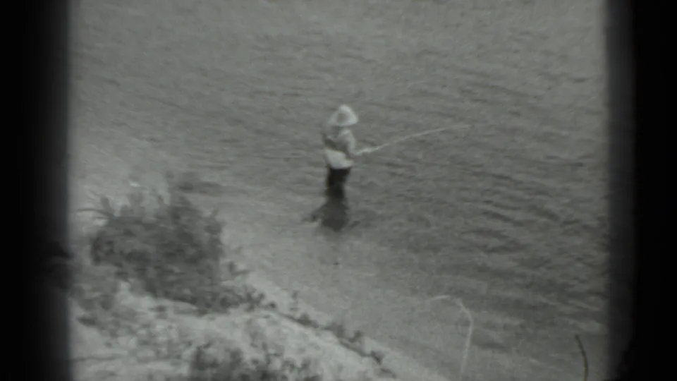 The final frame shows the woman standing farther from the bank in shallow water, holding the fishing pole over the rippled surface.