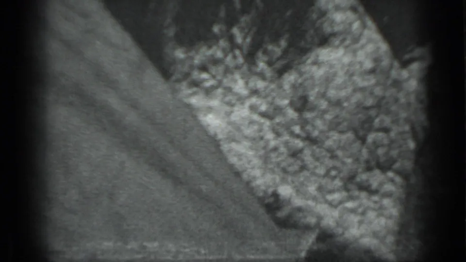 A heavily grained 8mm frame from the Moscow 1983 clip shows a rough surface close to the lens, possibly rock or bark.