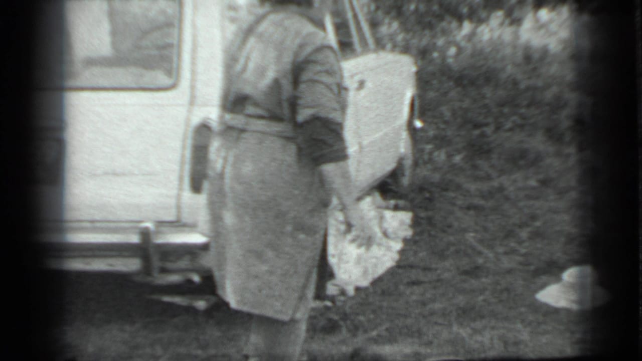 The woman stands by the rear of the car, holding a white object in one hand and a pale bag or cloth in the other.