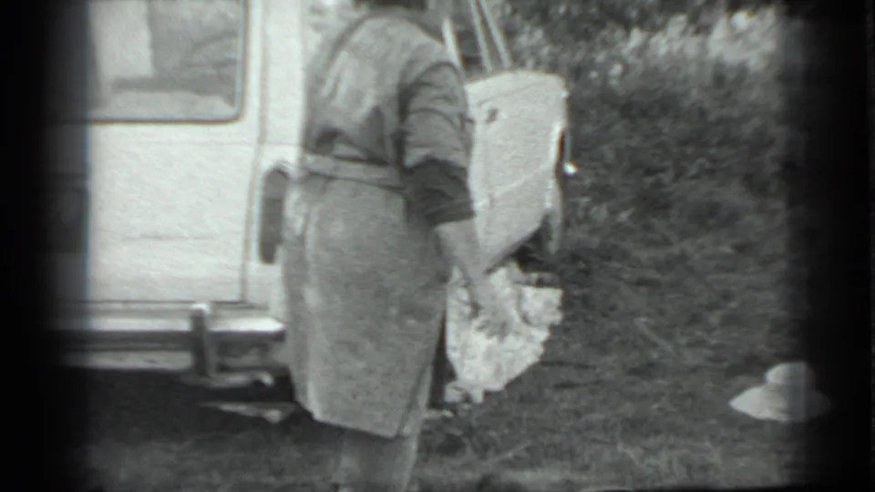 The woman stands by the rear of the car, holding a white object in one hand and a pale bag or cloth in the other.
