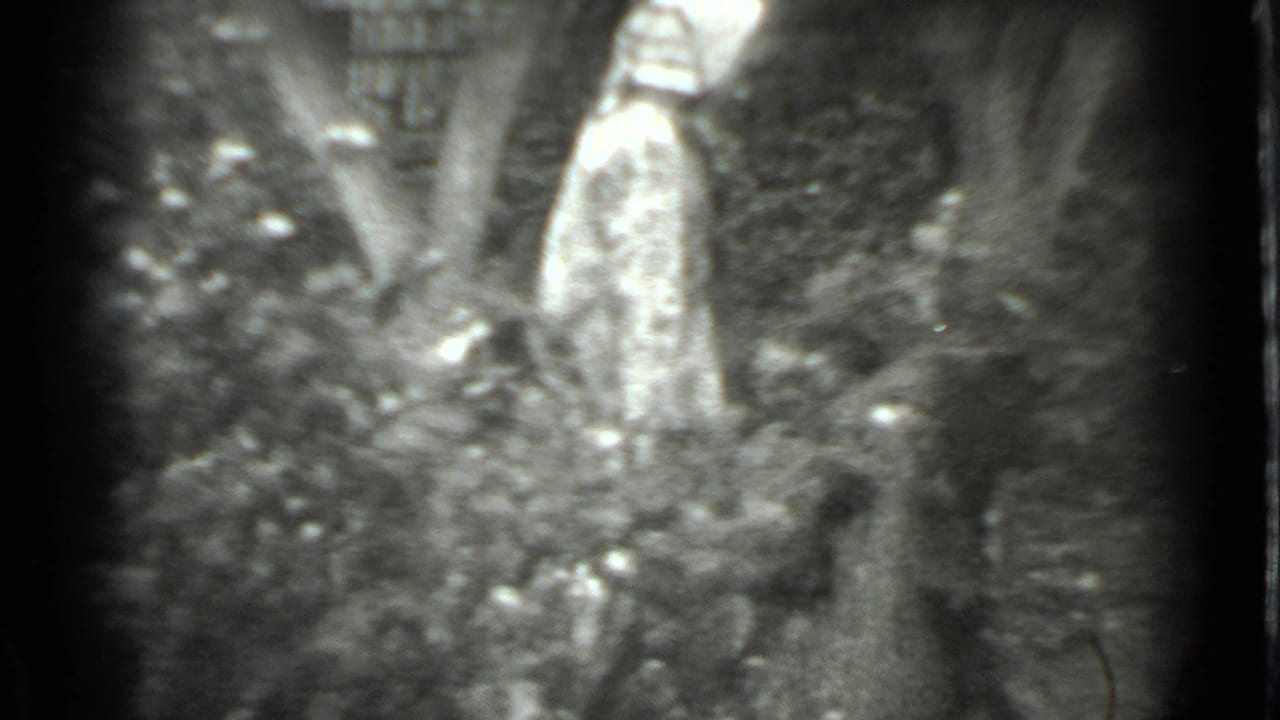 In 1983 Moscow home-movie footage, a woman in a headscarf appears in a wooded area with a metal bucket nearby.