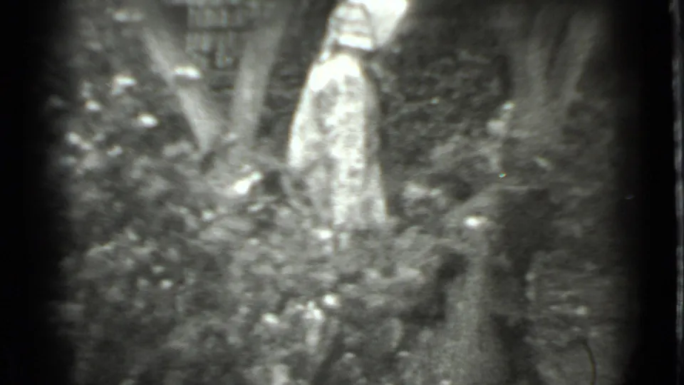 In 1983 Moscow home-movie footage, a woman in a headscarf appears in a wooded area with a metal bucket nearby.