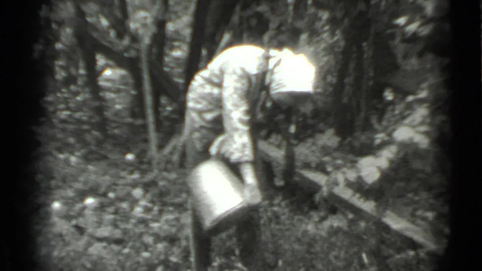 A woman in a patterned dress and headscarf leans down with the bucket in a Moscow orchard, framed by trees and garden edging.