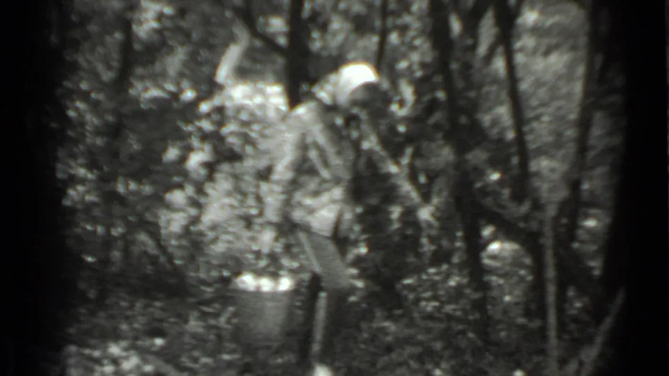 The woman continues gathering fruit among trees in the 1983 Moscow home movie, with the bucket set near her feet in dense garden foliage.
