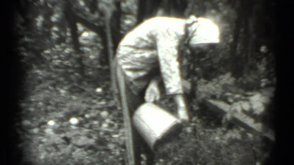 The adult bends forward with a bucket in the wooded Moscow scene, reaching toward small white objects scattered on the ground.