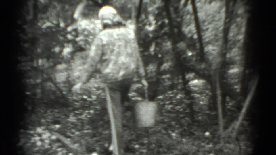 A woman in a headscarf turns away through the trees after emptying or setting down a metal bucket.