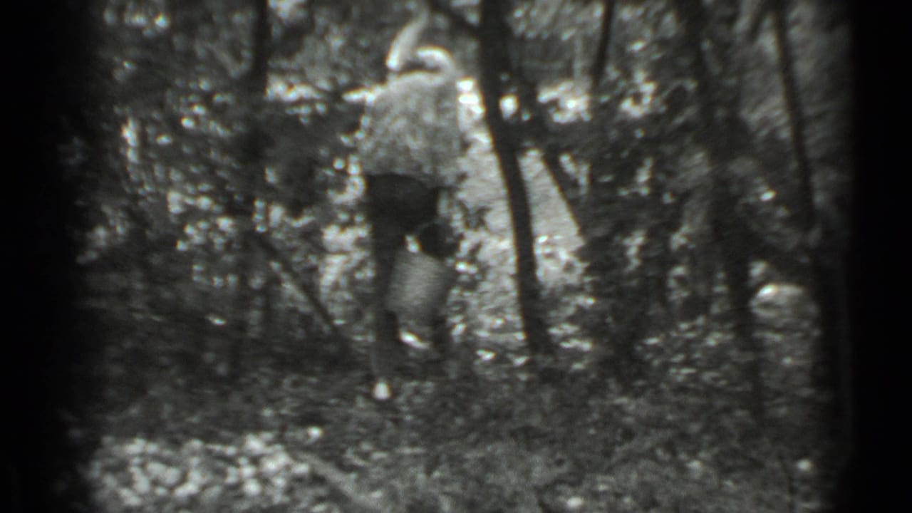 In 1983 Moscow home-movie footage, a woman appears among trees carrying a bucket along a shaded path.