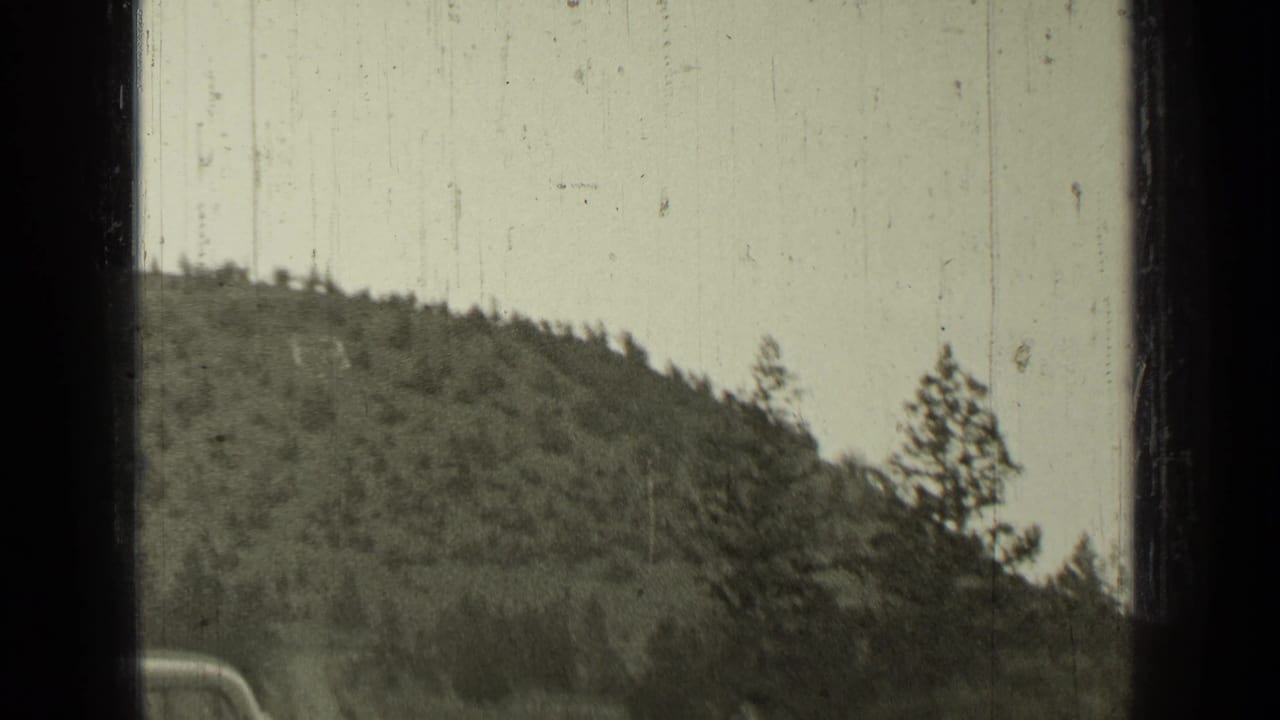 Forested hillside seen through dark 8mm film-frame borders.
