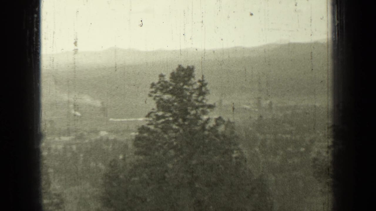 Hazy hilltop view with evergreen trees, valley below, and distant mountain ridges.