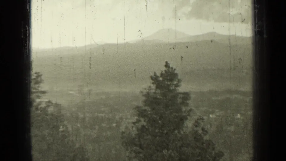 1937 Bend, Oregon 8mm panorama showing a foreground evergreen, low valley detail, and layered mountain ridges in soft focus.