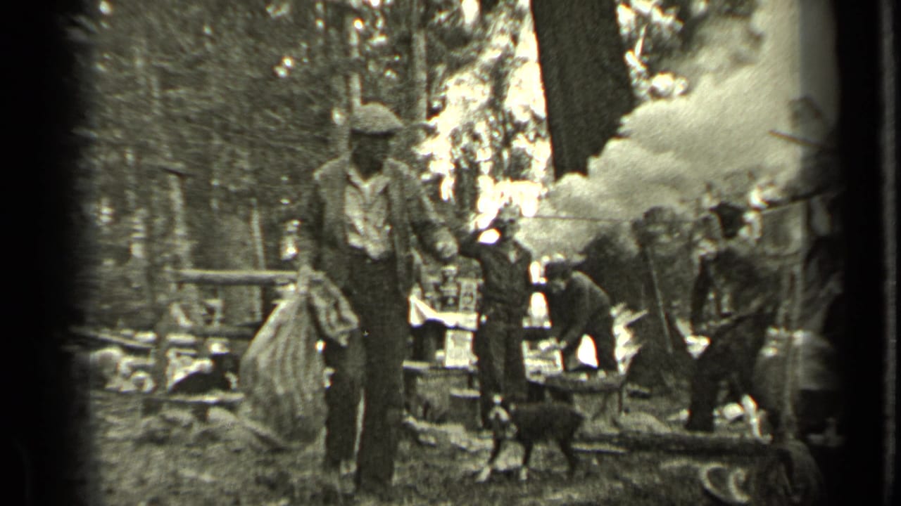 Man with a sack stands near a dog and other adults at a smoky wooded campsite.
