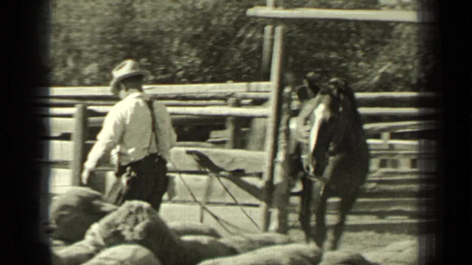 A rancher in a wide-brimmed hat and suspenders stands near sheep while a horse waits beside a fenced pen in Bend, Oregon.