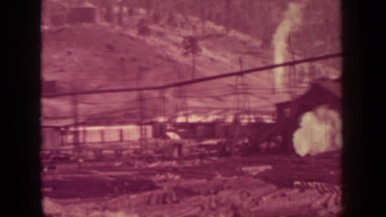 Wide view of a lumber plant with smoke rising, conveyors, buildings, and wooded slopes behind it.
