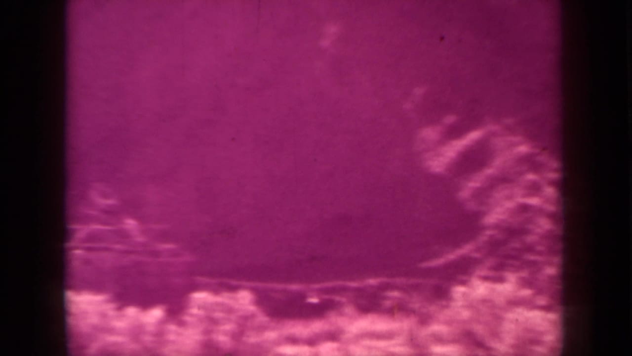 Magenta frame with pale clustered texture and a dark central film bar.