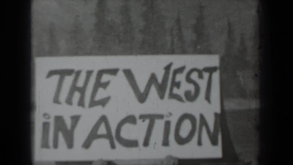 A hand-lettered THE WEST IN ACTION sign is visible in the 1937 Klamath, California 8mm footage, with soft focus, scratches, and dark edge framing.