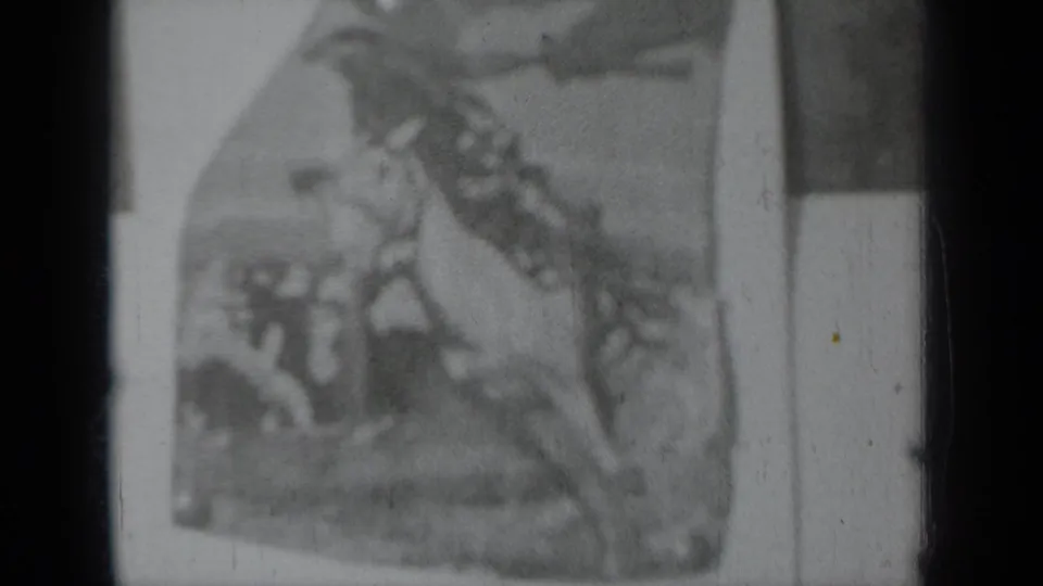 A 1937 Klamath, California 8mm frame shows a soft printed rodeo scene with a horse and rider on a display panel.