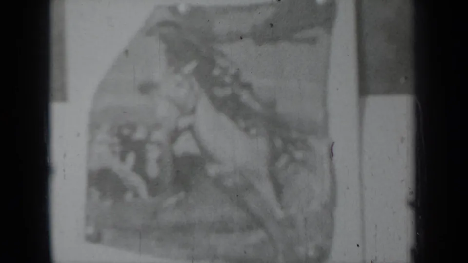Final soft-focus 8mm frame of the printed rodeo illustration, with horse and rider forms visible in the bordered panel.