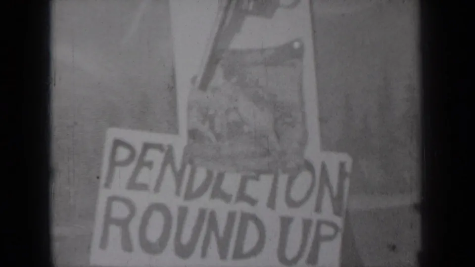 1937 Klamath, California frame holding on the hand-drawn Pendleton Round Up notice with a revolver illustration and visible film wear.
