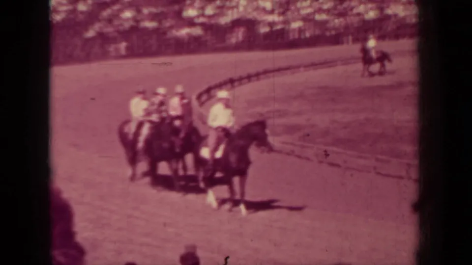 Mounted riders in light shirts and hats cluster near the arena rail during a 1937 Klamath, California equestrian event.