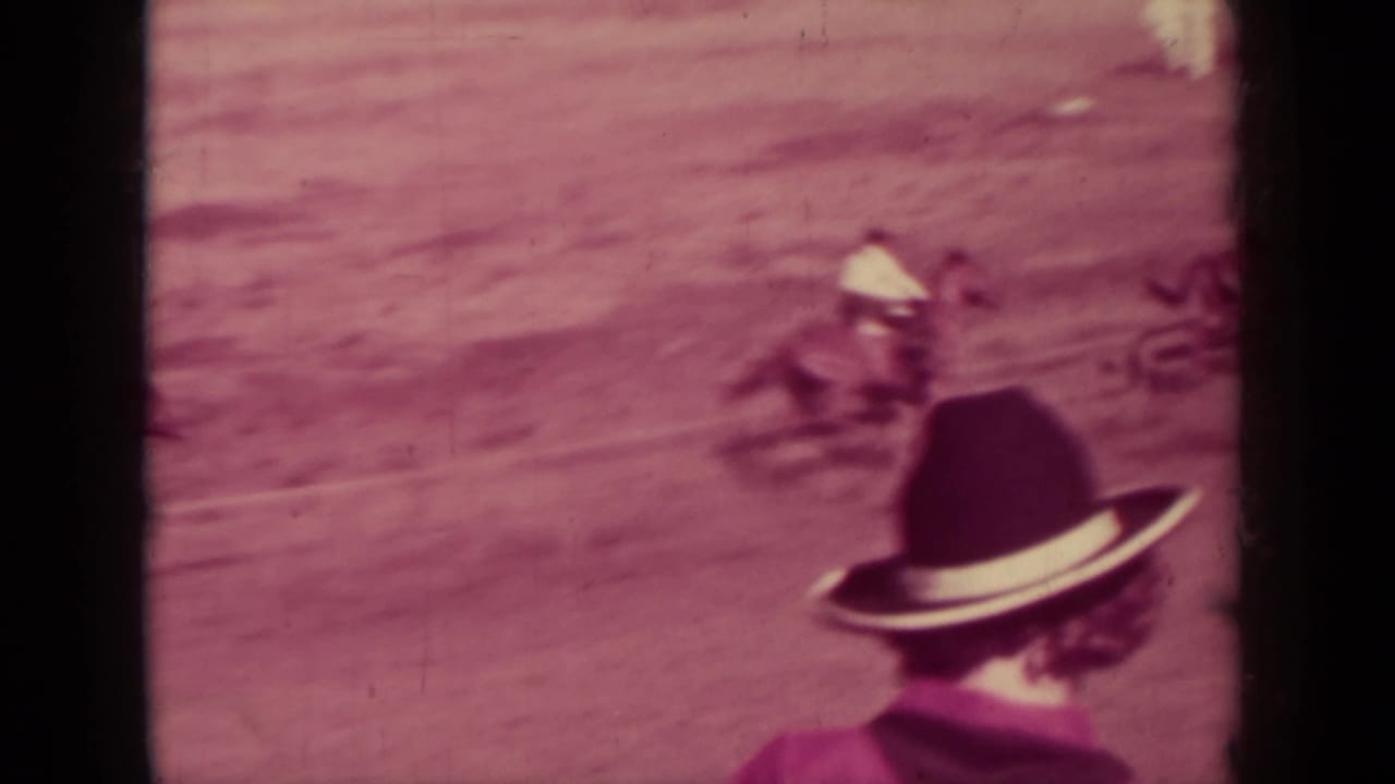 A jockey rides along the track while spectators watch from the foreground.