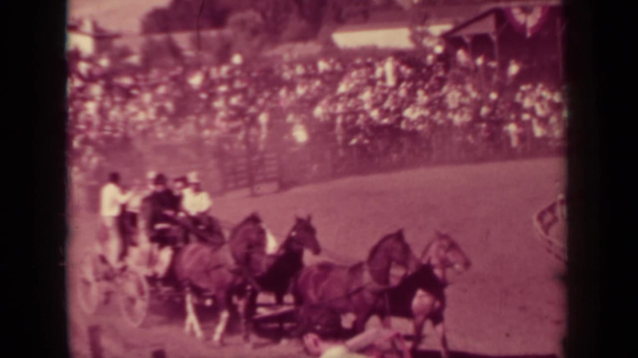 Horse-drawn carriage teams race past a crowded fairground grandstand.